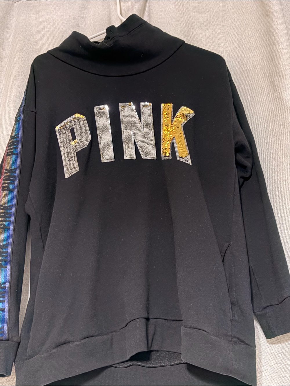 Victoria's Secret Black Pullover Sweater with Silver & Gold Sequin PINK Logo